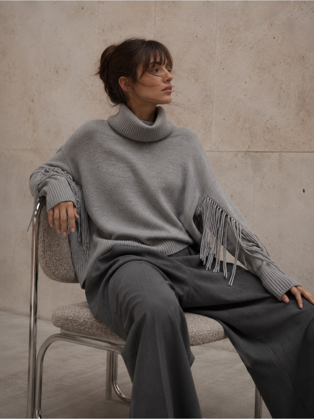 360 Cashmere Hudson Fringed Wool & Cashmere Turtleneck Sweater – Grey – Large